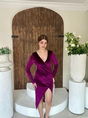 Simli Kadife Kumaş Kruvaze Model Drapeli Uzun Elbise