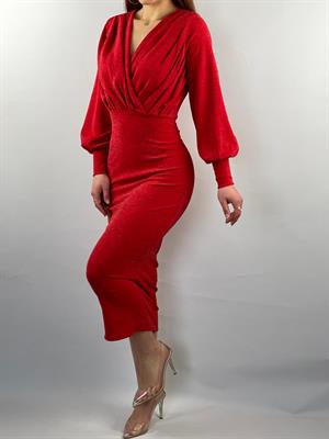 Simli Likralı Crep kumaş Kruvaze yaka Uzun Kalem Elbisemiz