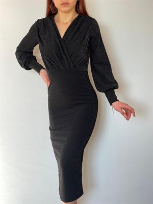 Simli Likralı Crep kumaş Kruvaze yaka Uzun Kalem Elbisemiz