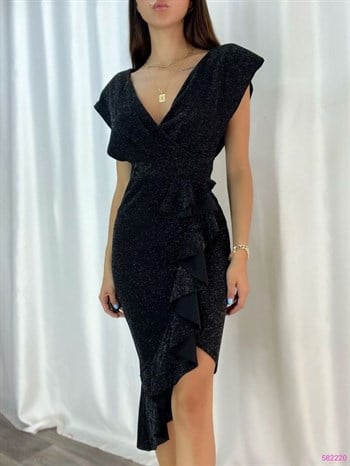 Simli Likralı Crep Kumaş Volan Detay Tasarım Elbise