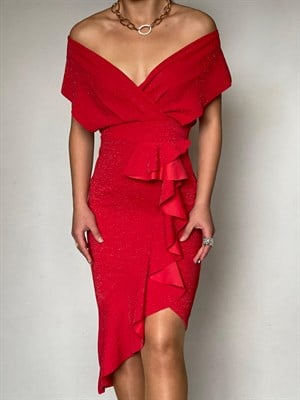 Simli Likralı Crep Kumaş Volan Detay Tasarım Elbise