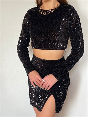 Siyah Payet Mini Etek Bluz İkili Takım