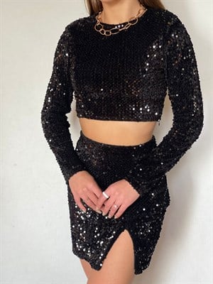 Siyah Payet Mini Etek Bluz İkili Takım