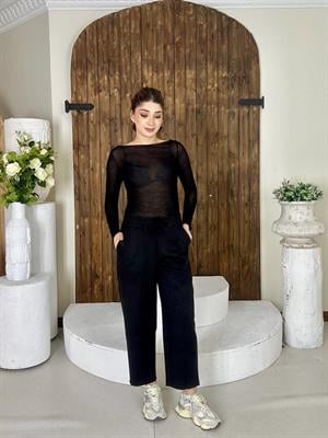 Siyah Süet Kumaş Çimalı Havuç Pantolon 