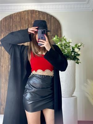 Siyah Vegan Deri Drapeli Kruvaze Etek 