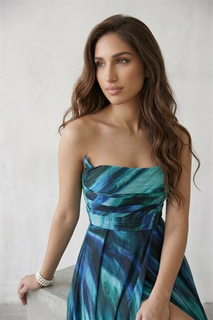 Straplez Yırtmaçlı İçi Mini Etekli Ebruli Desen Şifon Abiye Elbise Mavi