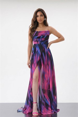 Straplez Yırtmaçlı İçi Mini Etekli Ebruli Desen Şifon Abiye Elbise Pembe