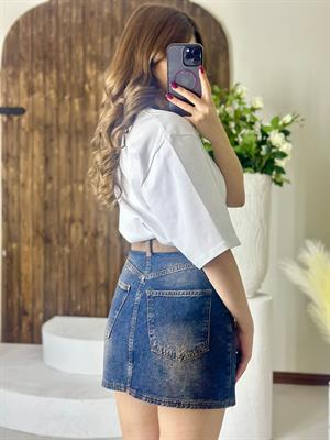 Süet Detay Cepli Jean Mini Etek