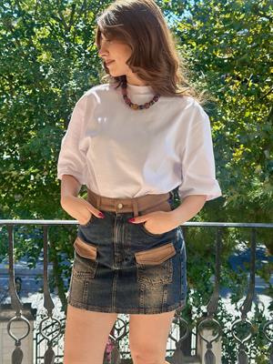 Süet Detay Cepli Jean Mini Etek