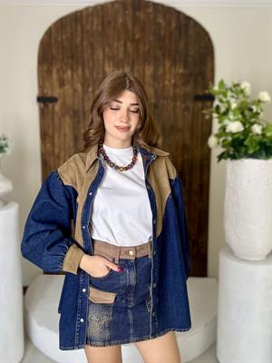 Süet Detay Oversize Jean Gömlek