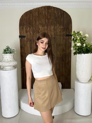 Süet Kumaş A Kesim Mini Etek Bej