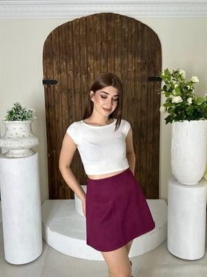 Süet Kumaş A Kesim Mini Etek Bordo