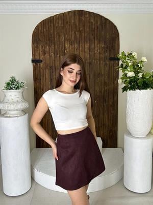 Süet Kumaş A Kesim Mini Etek Kahverengi