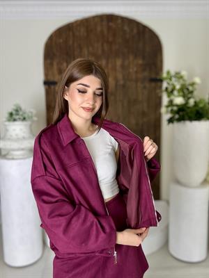 Süet Kumaş Fermuarlı Omuz Apoletli Astarlı Ceket