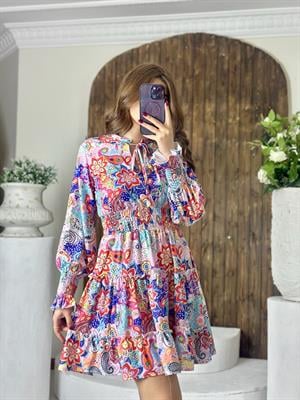 Süprem Kumaş Yaka Bağcıklı Şal Desen Elbise 