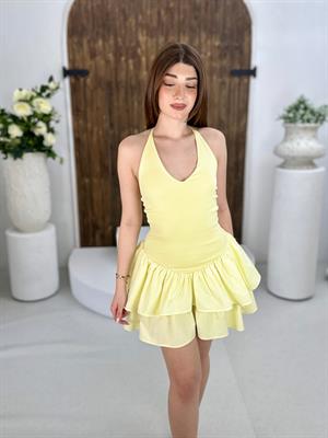 Süprem & Poplin Kumaş Kat Etekli Elbise Sarı