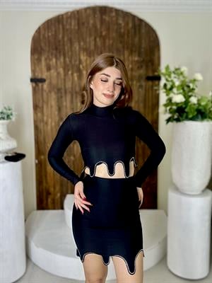 Taş Detaylı Lazer Kesimli Likralı İkili Takım 