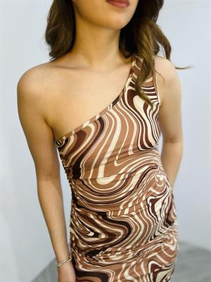 Tek Kol Kristal Pamuk Kumaş Drapeli Elbisemiz