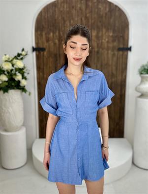 Tensel Kumaş Bel Arkası Lastikli Gömlek Elbise Kemer Dahil Değildir 