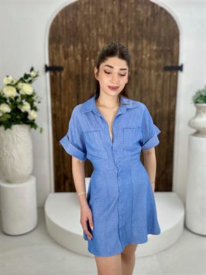 Tensel Kumaş Bel Arkası Lastikli Gömlek Elbise Kemer Dahil Değildir 