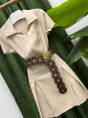 Tensel Kumaş Pileli Fermuar Detaylı Elbise Krem