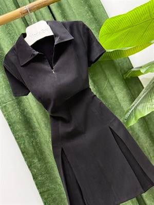 Tensel Kumaş Pileli Fermuar Detaylı Elbise Siyah