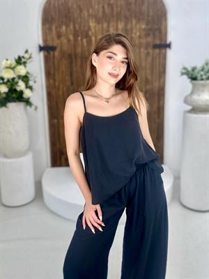 Tensel Kumaş Rahat Kalıp Pantolonlu İkili Takım Siyah