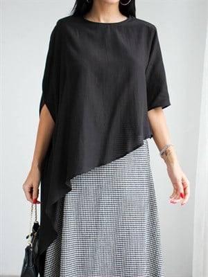 Tensel Kumaş Vatkalı Asimetrik Kesim Bluz Siyah