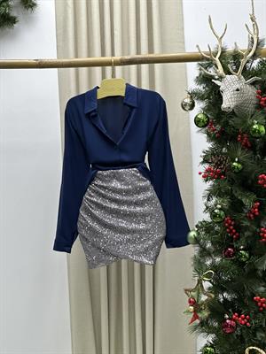 thal Payet Kumaş Zarf Kesim Tasarım Mini Etek Gümüş