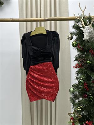 thal Payet Kumaş Zarf Kesim Tasarım Mini Etek Kırmızı