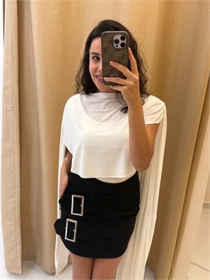 Toka Detaylı Süet Kumaş Mini Etek Siyah
