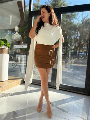 Toka Detaylı Süet Kumaş Mini Etek Taba