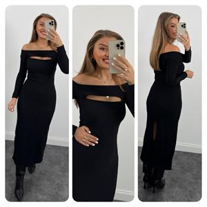 Toparlayıcı Ottoman Kumaş Damla Yaka Uzun Siyah Elbisemiz