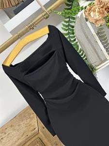 Toparlayıcı Ottoman Kumaş Damla Yaka Uzun Siyah Elbisemiz