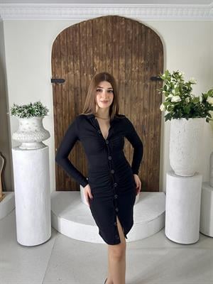 Toparlayıcı Ottoman Kumaş Drapeli Gömlek Elbise Siyah