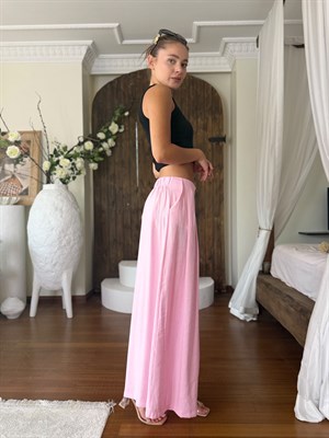 Trikoton Kumaş Bel Arkası Lastikli Cepli Etek Görünümlü Pantolon Pembe