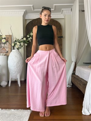 Trikoton Kumaş Bel Arkası Lastikli Cepli Etek Görünümlü Pantolon Pembe