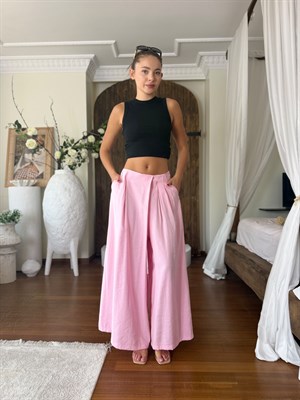Trikoton Kumaş Bel Arkası Lastikli Cepli Etek Görünümlü Pantolon Pembe