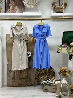 Trikoton Kumaş Kapak Cepli Kuşaklı Midi Boy Gömlek Elbise