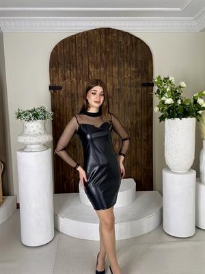 Tül Detaylı Vegan Deri Elbise Siyah