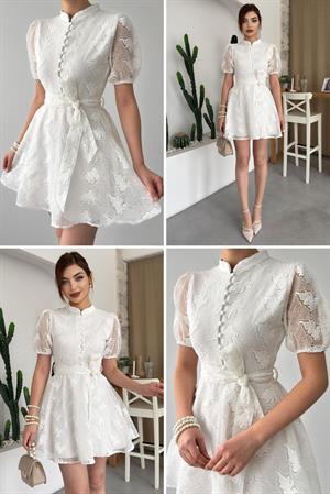 Tül Kumaş Kloş Tasarım Beyaz Elbise