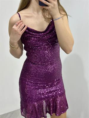 Tül Üzeri Payet İşli Askılı Eteği Volanlı Elbise Mor