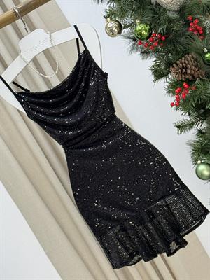 Tül Üzeri Payet İşli Askılı Eteği Volanlı Elbise Siyah