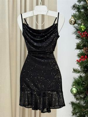 Tül Üzeri Payet İşli Askılı Eteği Volanlı Elbise Siyah