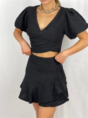 Tuvit Kumaş Balon Kol Bel Dekolteli Volanlı Elbise