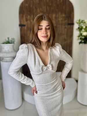 Tuvit Kumaş İnci Detay Tasarım Kalem Krem Elbise 