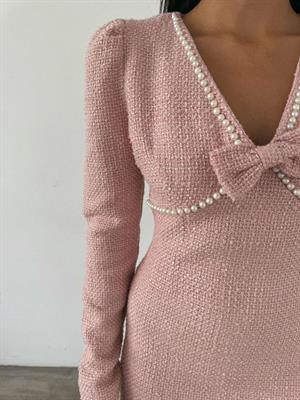 Tuvit Kumaş İnci Detay Tasarım Kalem Pudra Elbise 