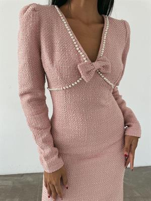 Tuvit Kumaş İnci Detay Tasarım Kalem Pudra Elbise 