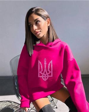 Üç İplik İçi Polar Ön Taş Dizayn Kapişonlu Uzun Sweatshirt Pembe