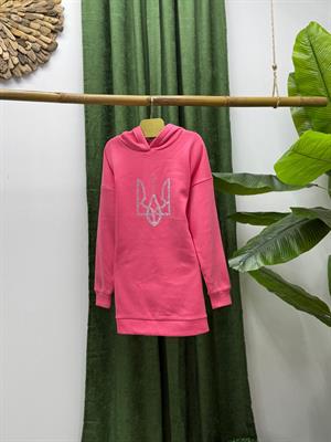 Üç İplik İçi Polar Ön Taş Dizayn Kapişonlu Uzun Sweatshirt Pembe